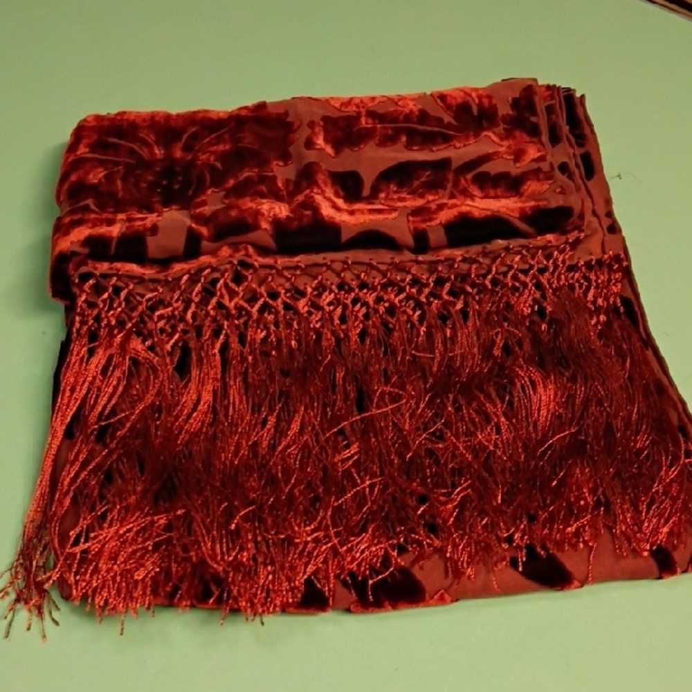 Elegant Floral Burgundy Scarf/Wrap Special Event Velvet Burnout Chic Long Fringe